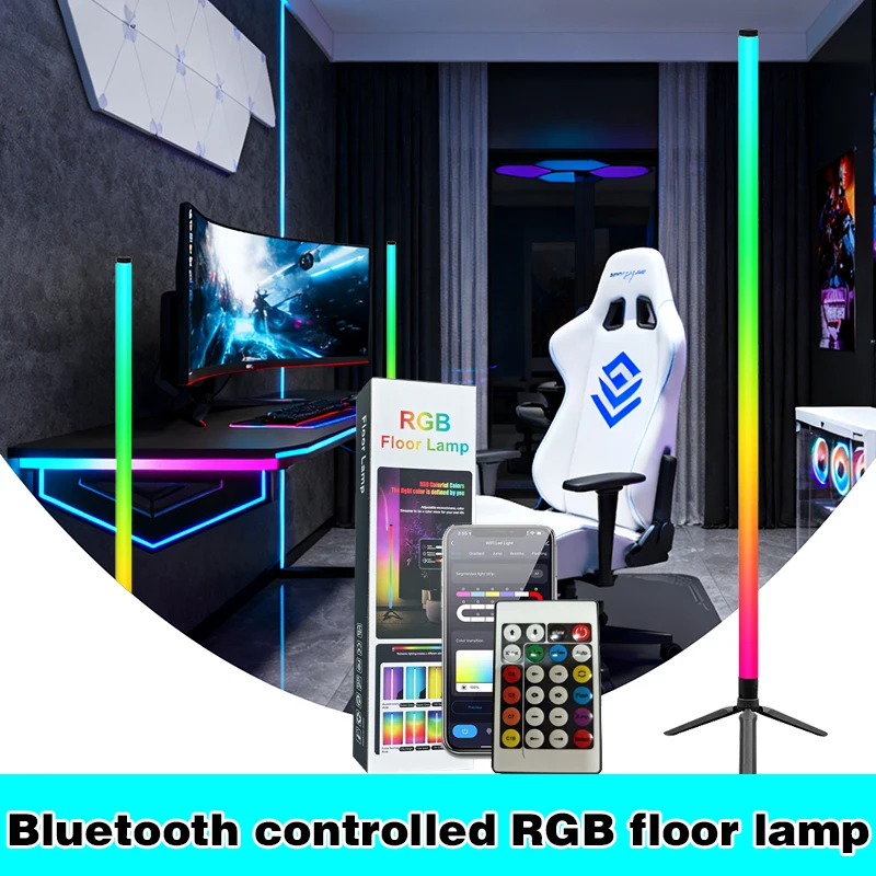 The new typeof floor lamp 5V is connected to a mobile phone charger and features RGB lighting with dazzling colors and flowing