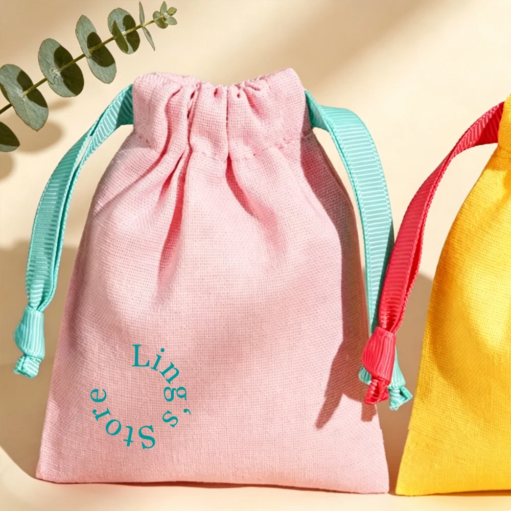 50pcs Custom Logo Cotton Drawstring Bag Personalized Jewelry Wedding Favor Gift Pouch for Fuse Beads Keychain Cosmetic Packaging