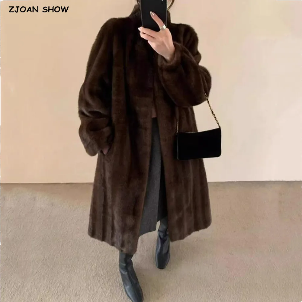 Winter Retro Stand Collar Coffee Faux Mink Fur Coat for Women Long Puff Sleeve Loose Warm Midi Outerwear Femme