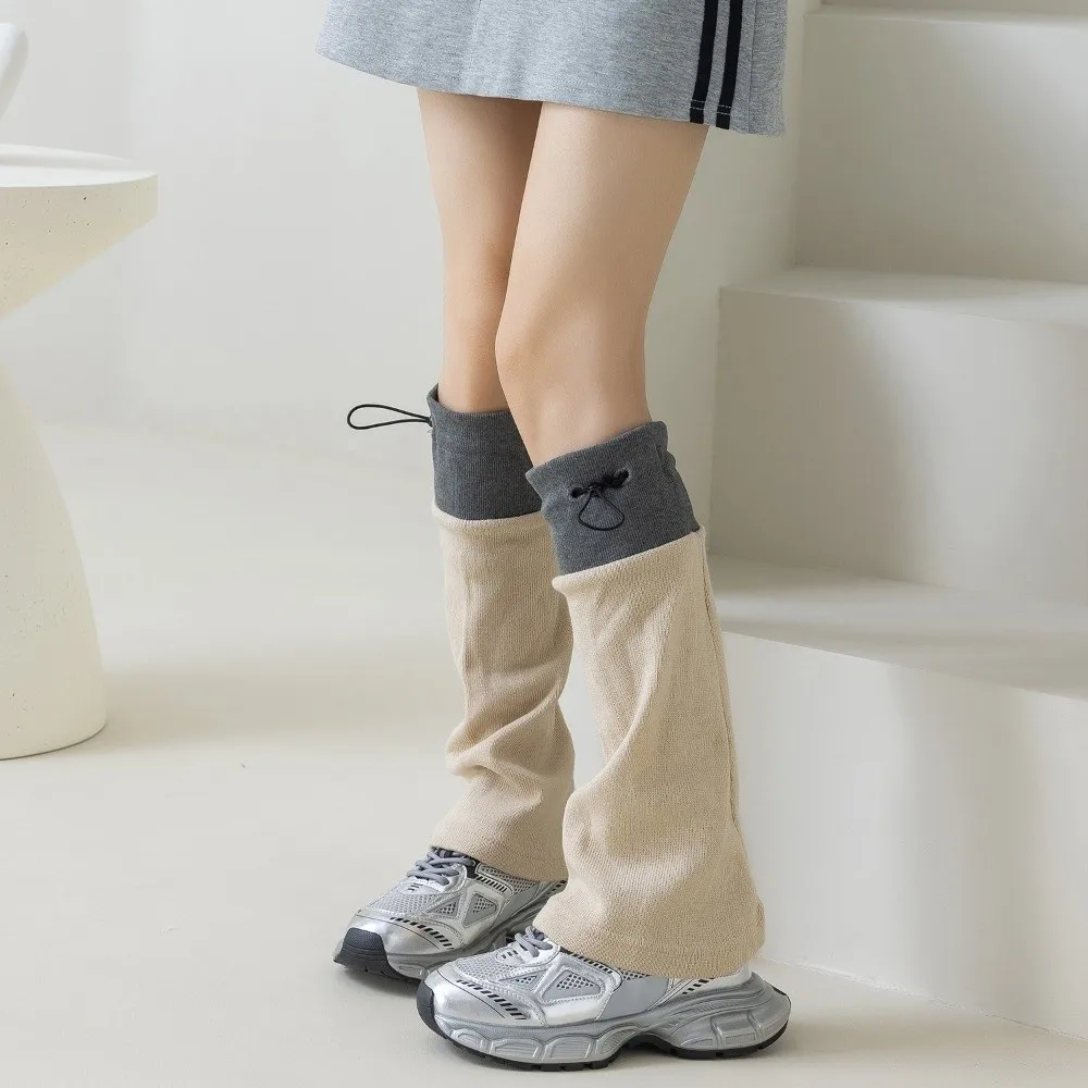 1 pair Harajuku Middle Tube Leg Warmers Breathable Adjustable Buckle Calf Socks Gray Spliced Drawstring Closure Boot Cuffs Women