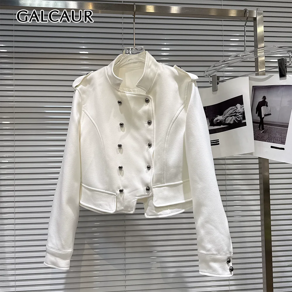GALCAUR Epaulet Spliced Strap Slimming Solid Jacket for Women Stand Collar Long Sleeve Patchwork Button Casual Jackets Female