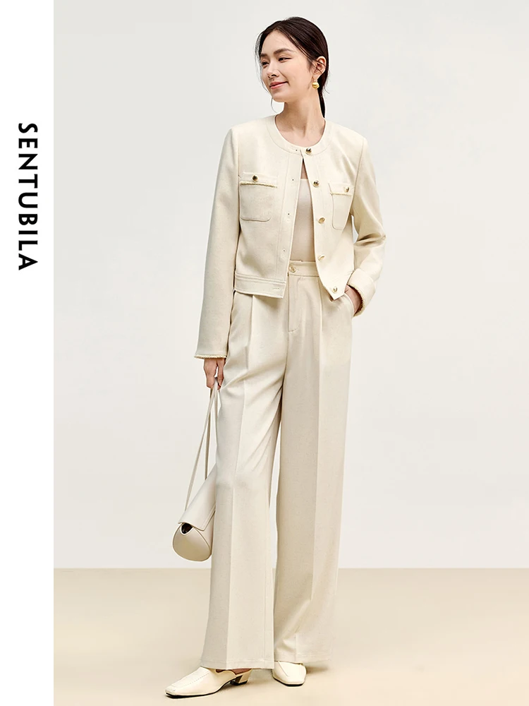 

SENTUBILA Texture 2 Piece Pant Sets Outfits Women 2024 Autumn O Neck Cropped Jackets Wide-leg Pants New in Match Sets 143Z56461