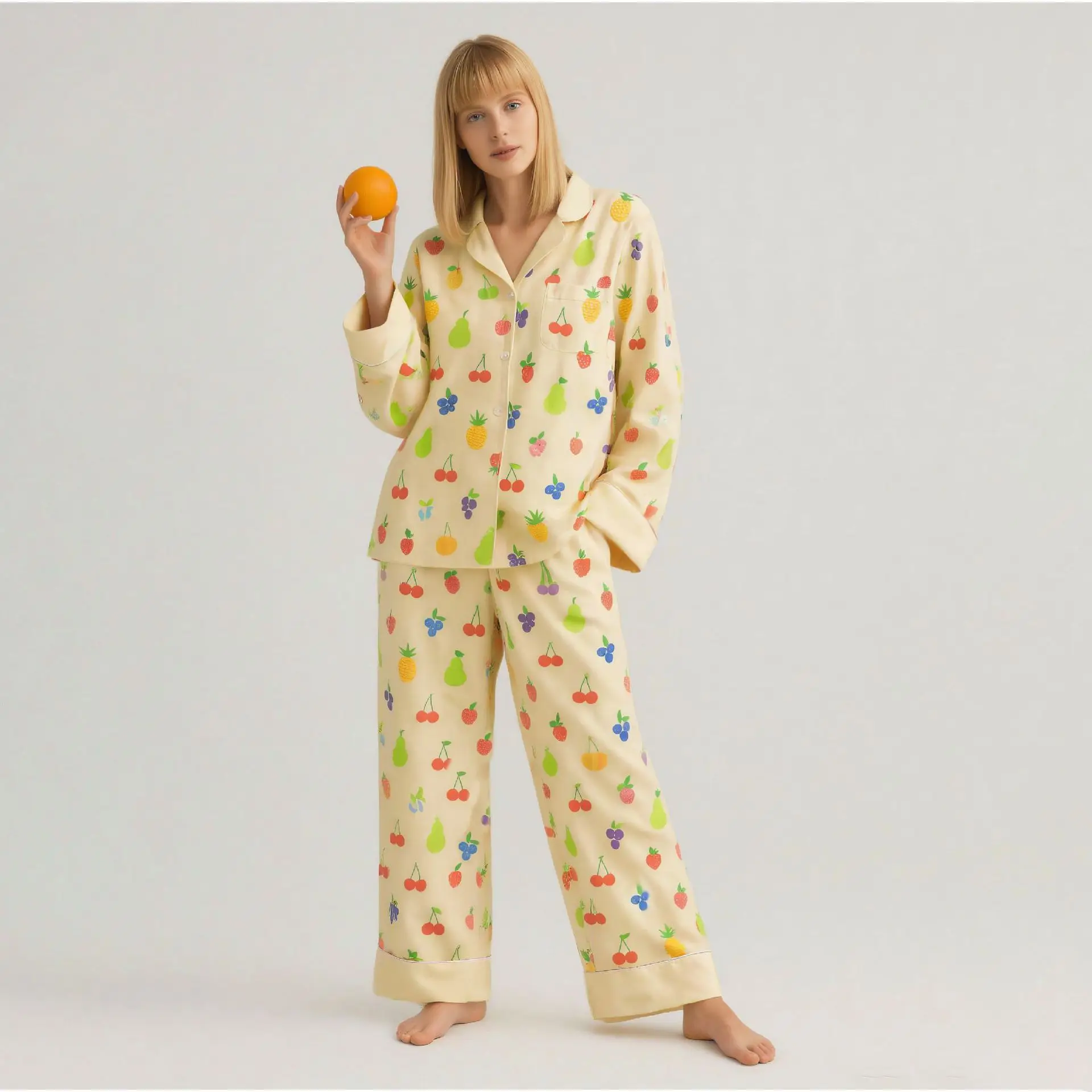 

Sweet Fruit Print Pajama Sets For Women Long Sleeved Pants Sleepwear Harajuku Style 2pcs Pyjamas Autumn New Homewear
