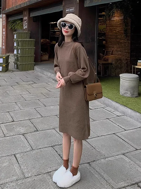 

Autumn Winter Knitted Dr Women's Loose Fit Long Sve round Ne Mid-Length Warmth Sweater Dr Slimming Effect