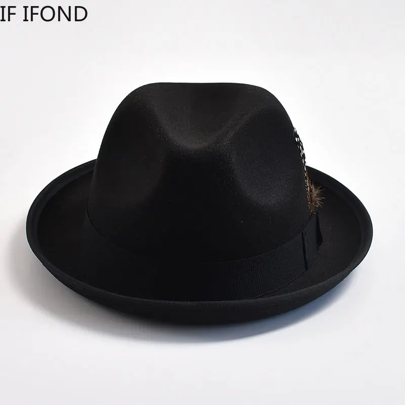 Fashion Men Woolen Blend Fedoras Hat with Feather British Style Trilby Jazz Hats Panama Party Wedding Hat sombreros de mujer