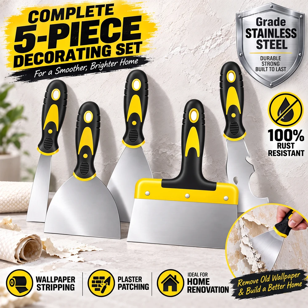 Stainless Steel Filling Knife Set Plastering 5pcs Wallpaper Paint Scraper Stripping Tool Drywall Wall Filler Skimming Trowel