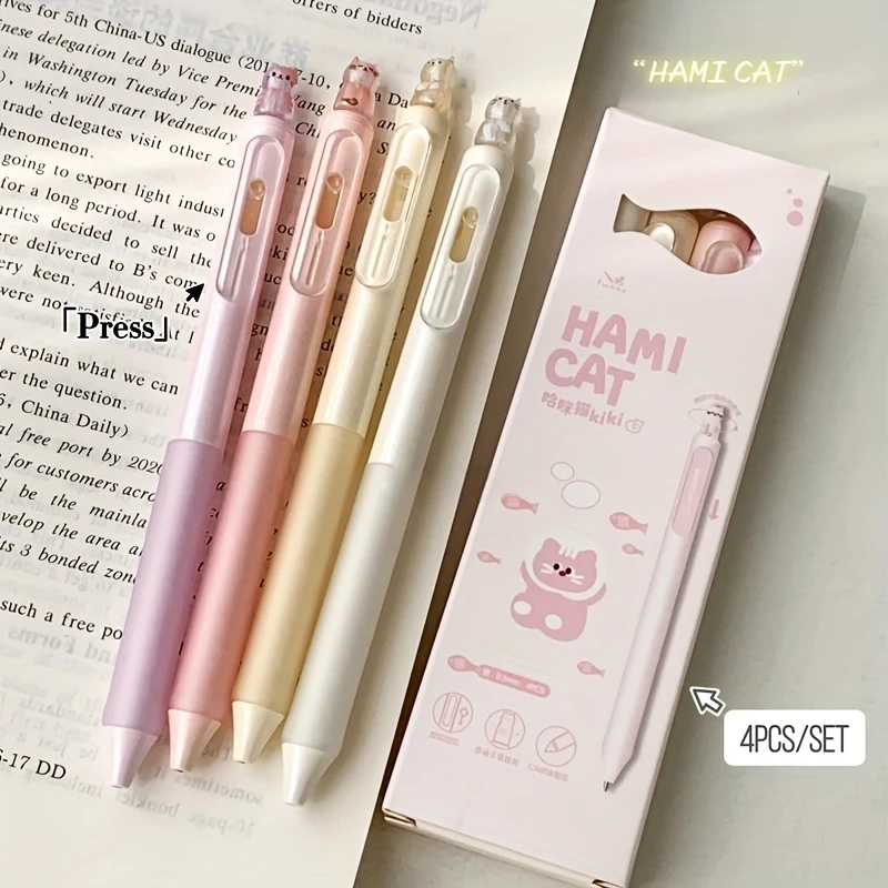 

4 шт. креативных гелевых ручек в форме кошки, 0,5 мм, быстросохнущие, с нажимным механизмом, черные, для офиса