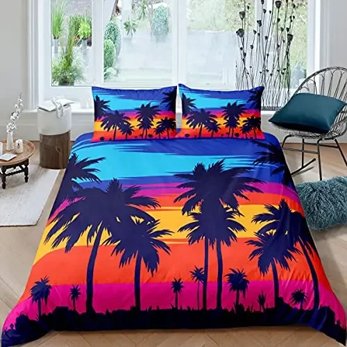 Tropical Plam Tree King Size Duvet Cover Sunset Coconut Tree Soft Bedding Set 3pcs for Kids Teens Summer Holiday Comforter Cover