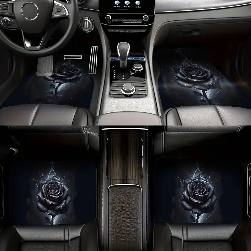 

4pcs Black Rose Print Car Floor Mats, Suitable For Front And Rear Seat Protection, Universal Car Carpet Mats, Stylish And Durabl