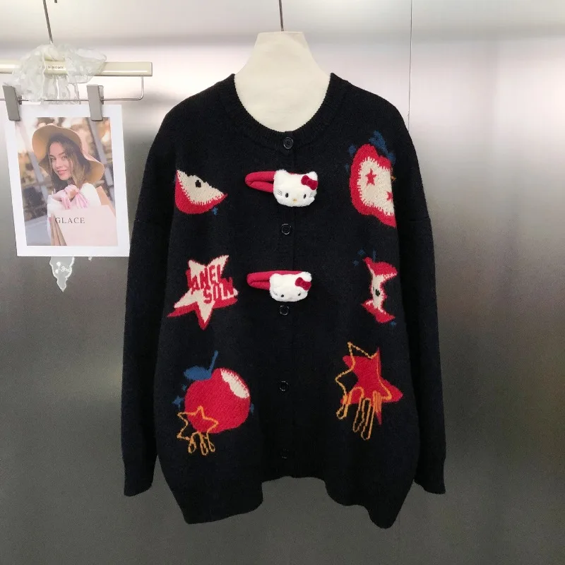 Fun Cartoon Jacquard Stylish Sweater Coat New Design Sense Unique Design Fashion Loose Knitted Cardigan Single-breasted Knitwear