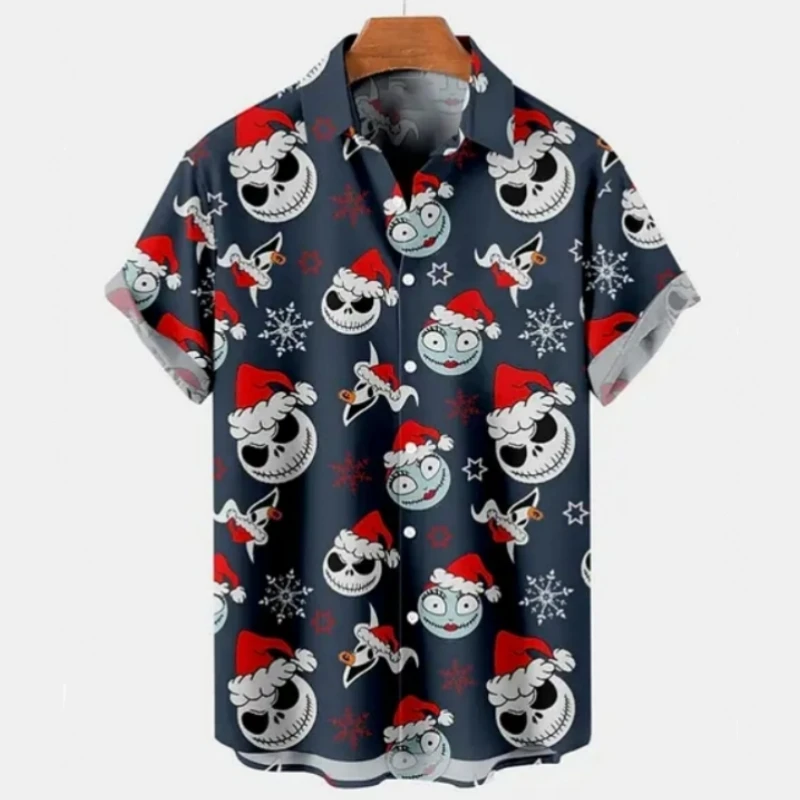 Christmas Men\'s Shirt Skull And Devil Graphic Short-Sleeved Printed Tshirt Loose Lapel Button Shirt Beach Party Clothing Men Top