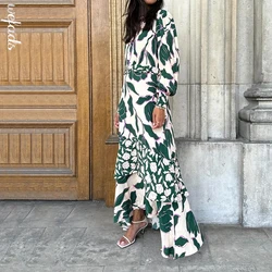 Wefads Womens Maxi Dresses Spring/Summer Elegant Hollow Long Sleeve Nipped Waist Printed Ruffle Dress Irregular Streetwear