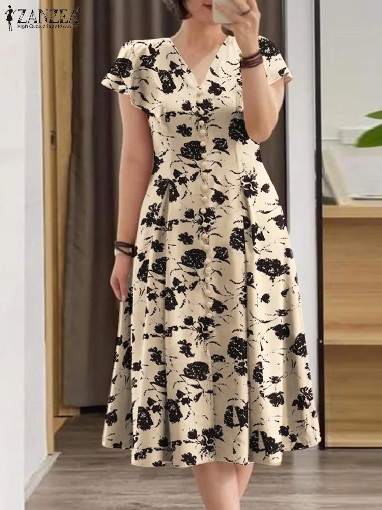 ZANZEA-vestido Midi de verano para mujer, traje informal con manga con volantes y escote triangular, estampado Floral, 2024