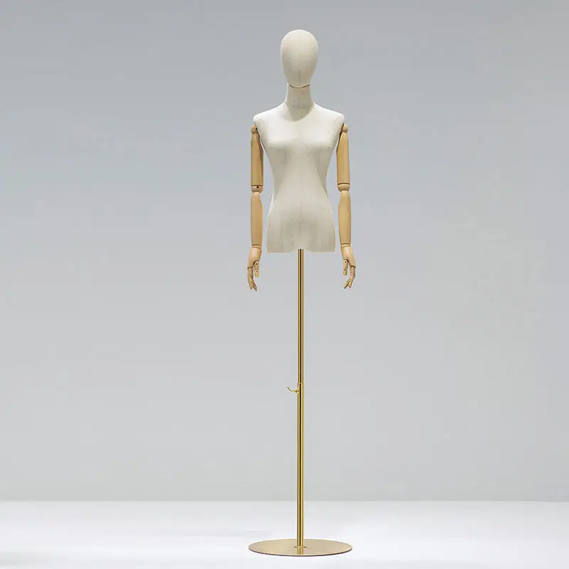 Stoffen hoes Vrouwelijke half-body mannequin Houten arm Metalen basis voor bruiloft Kleding Display Jurk Vorm Verstelbaar rek