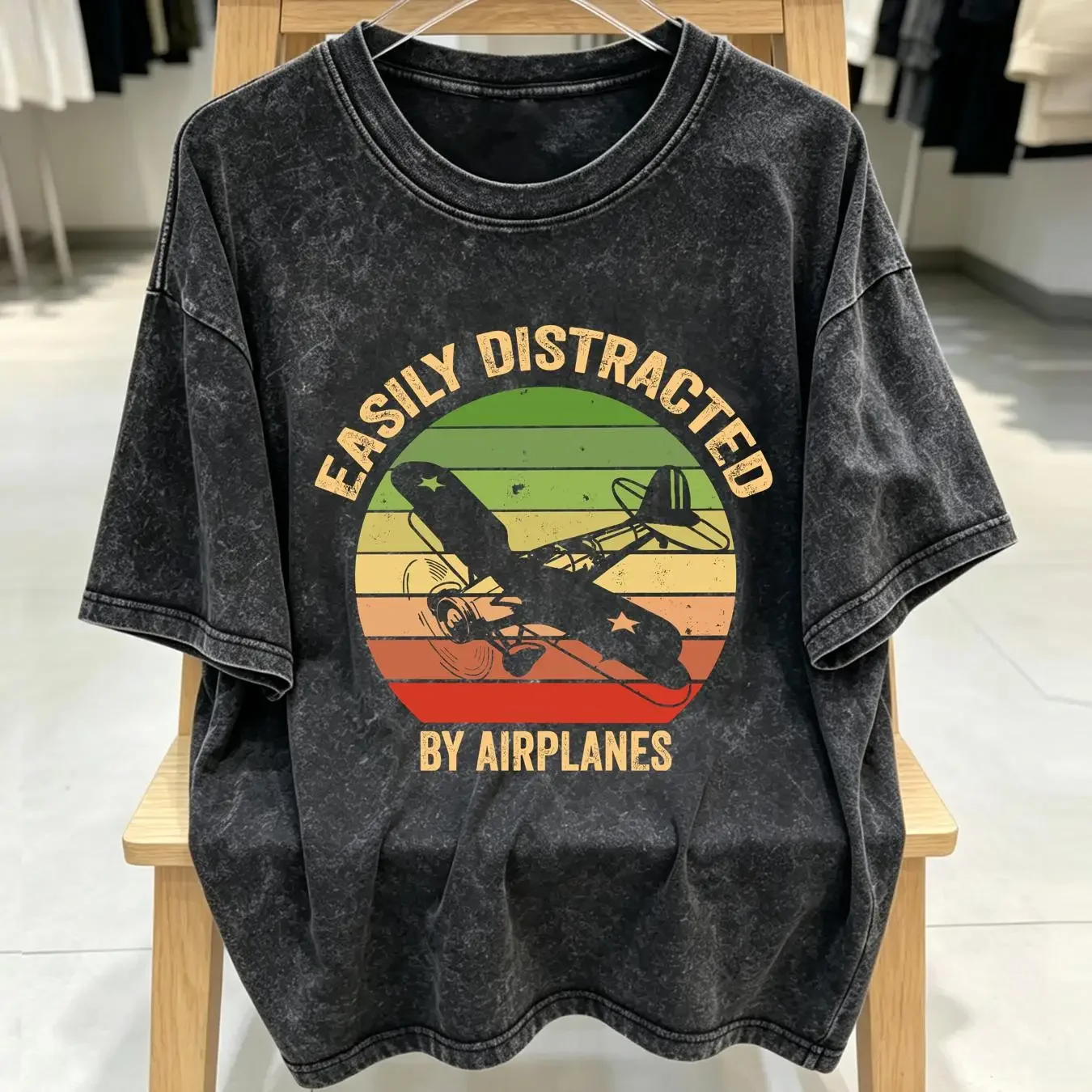 washed T Shirt Easily Distracted by Airplanes Retro Vintage Plane For Pilot Fathers Day Airplane Lover Aviation Funny vintage