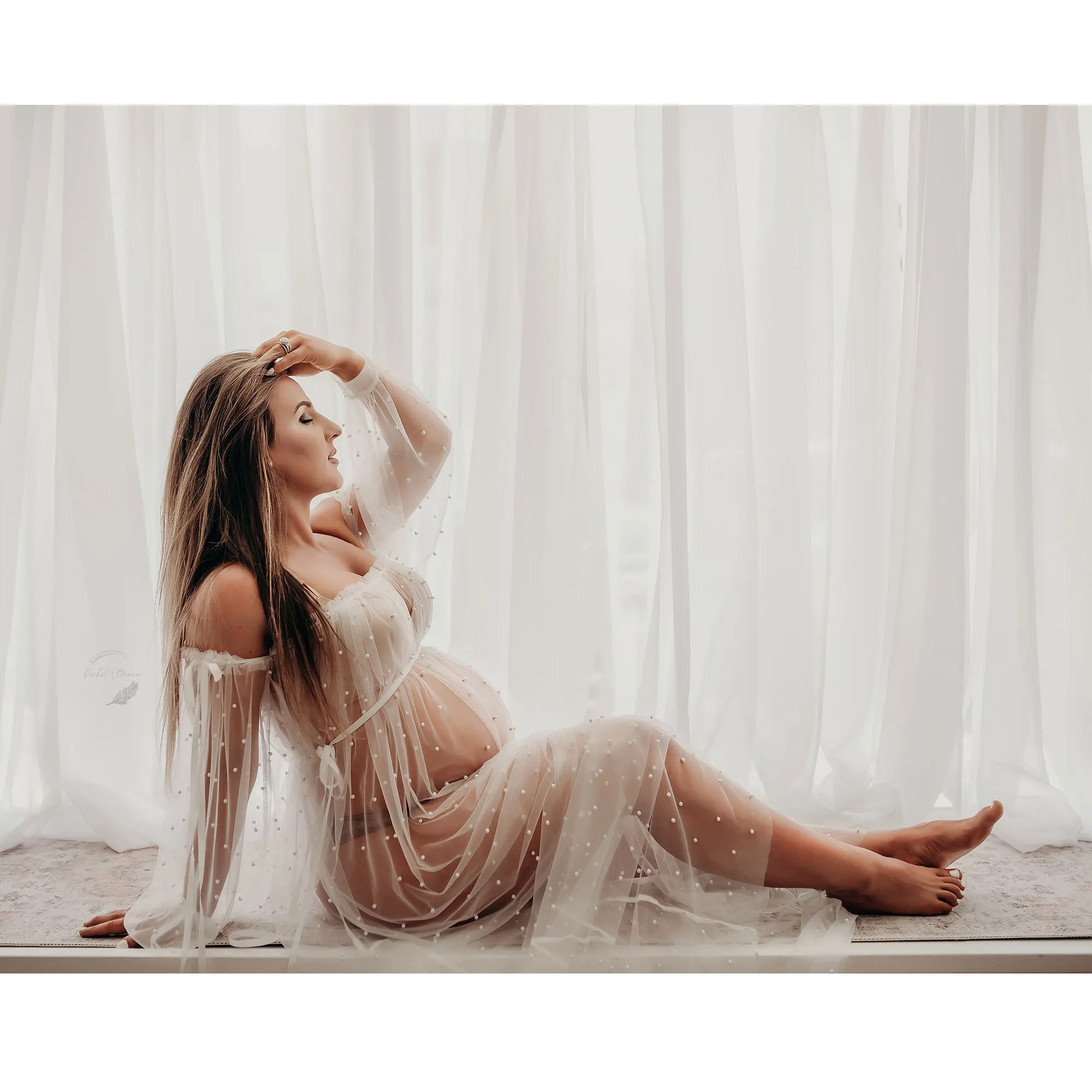 Don&Judy Off-Shoulder Sheer Tulle Gown with Pearl Embellishments and Flowing Train for Bridal Shower Studio for Photography