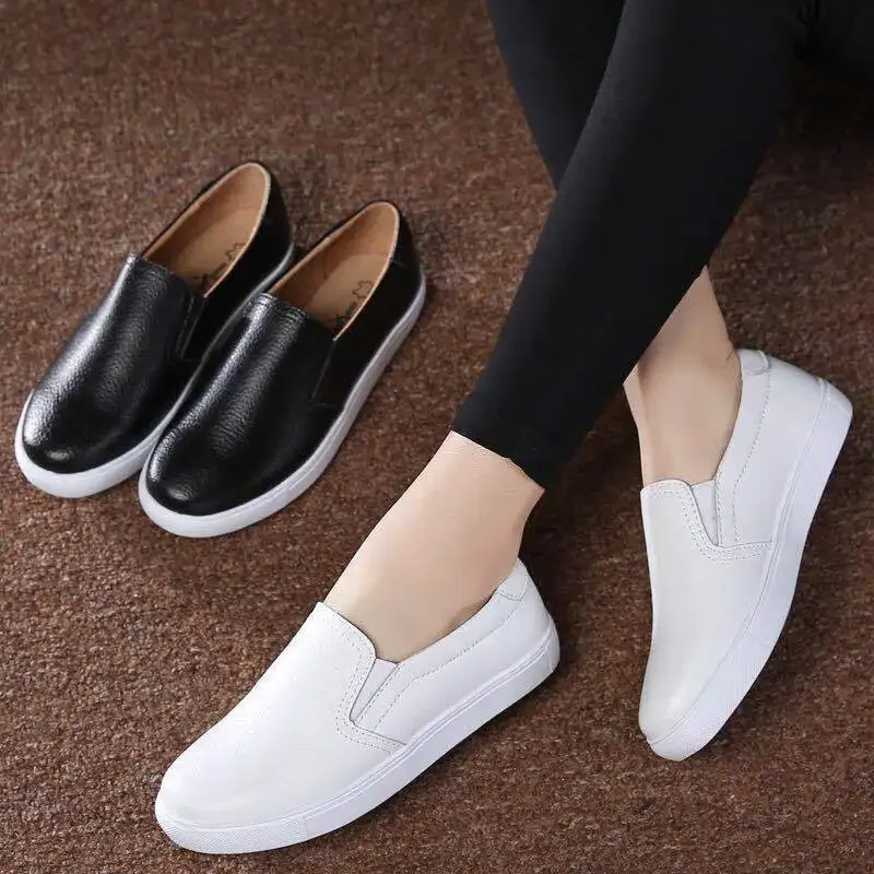 Women Ladies Female Gril Genuine Leather White Shoes Flats Platforn Sneakers Slip On Soft Vulcanized Shoes