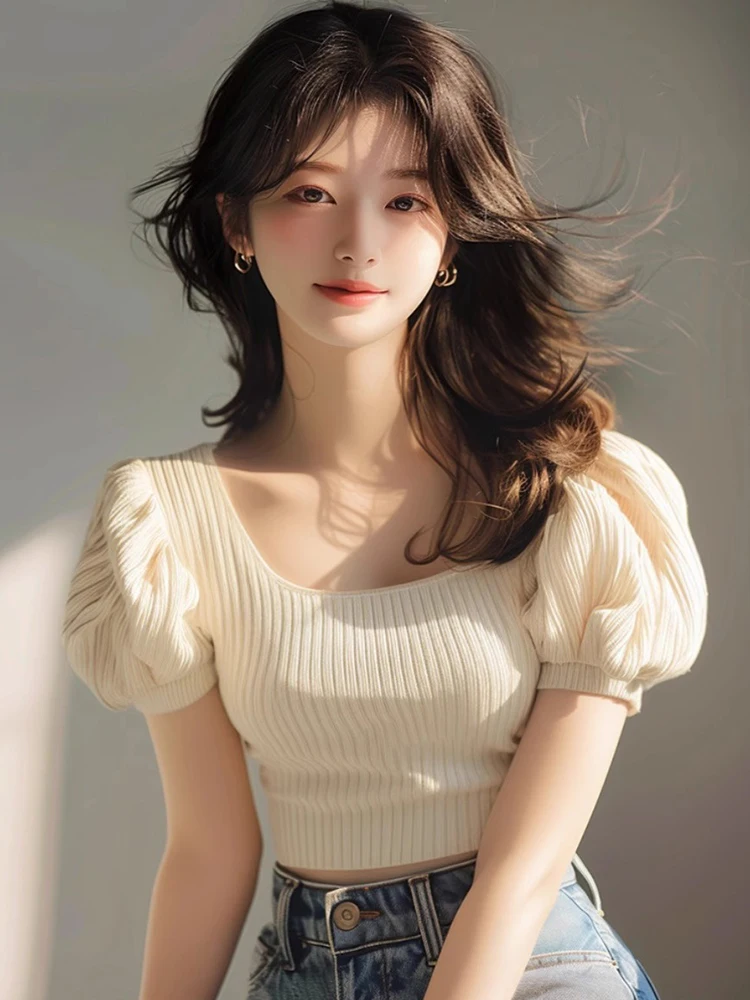 Chic ort Ice Silk Knitted Bubble Sve T-shirt coreana Sle Commute Faion Slim Fit Summer Wear Unico ed Ele