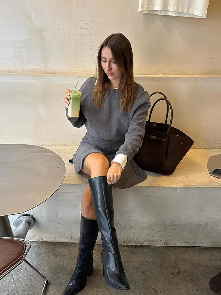 Minivestido elegante de punto para mujer, Vestidos de manga larga con cuello redondo y cintura fruncida, dobladillo acampanado, ropa de calle informal para mujer