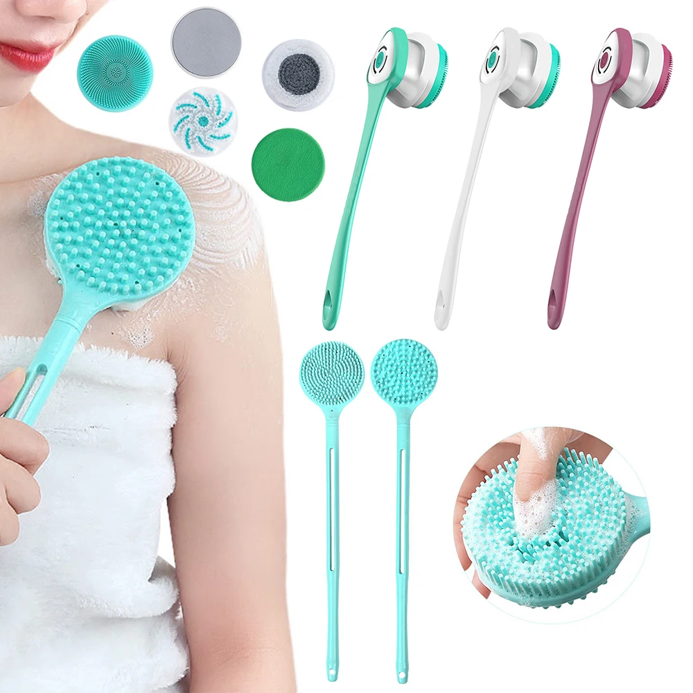 Electric Back Scrubber Multifunctional Spinning Spa Brush Rechargeable Long Handle with 5 Brush Heads Bathroom Bath Showers Tool