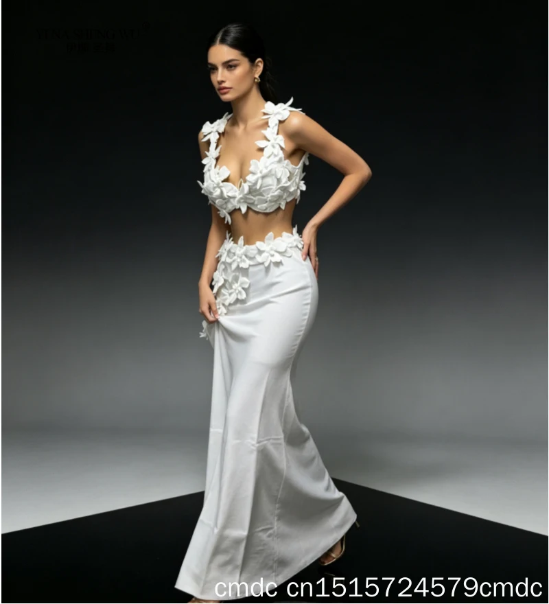 Women Sexy White Flowers V-Neck Tops Form Fitting Long Dress Two Pieces Set Evening Party Prom Gown Nightclub Celebrate Birthday
