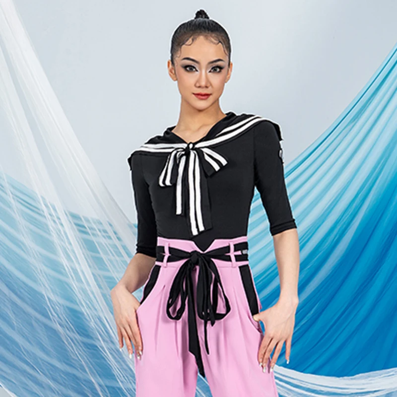 Latin Dance Tops Black Half Sleeves Bodysuit Sailor Collar Women Ballroom Dance Practice Clothes Waltz Latin Dancewear DNV19662