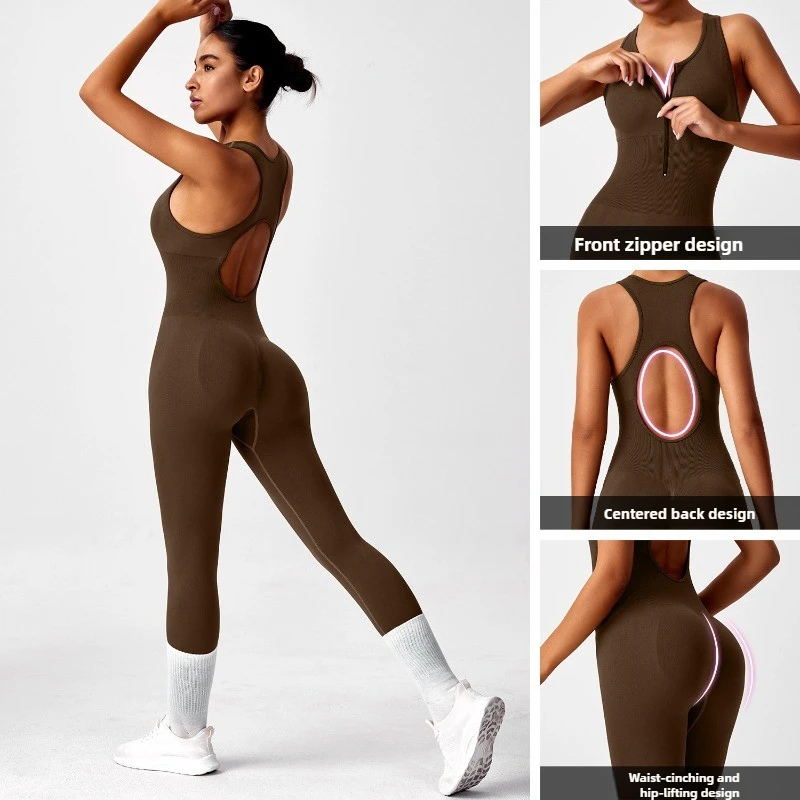 

Women's Fashionable Solid Color Round Neck Tight Back Yoga Suit Yoga Jumpsuit Sports Overalls Gym Clothing Set Sexy Yoga Clothes