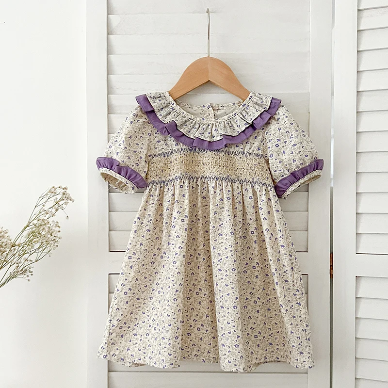 Summer Baby Dress Smocking Hand Embroidery Clothes Toddler Girl Dresses Cotton Kids Girls Puff Sleeve Casual Soft Girl Dress ﻿