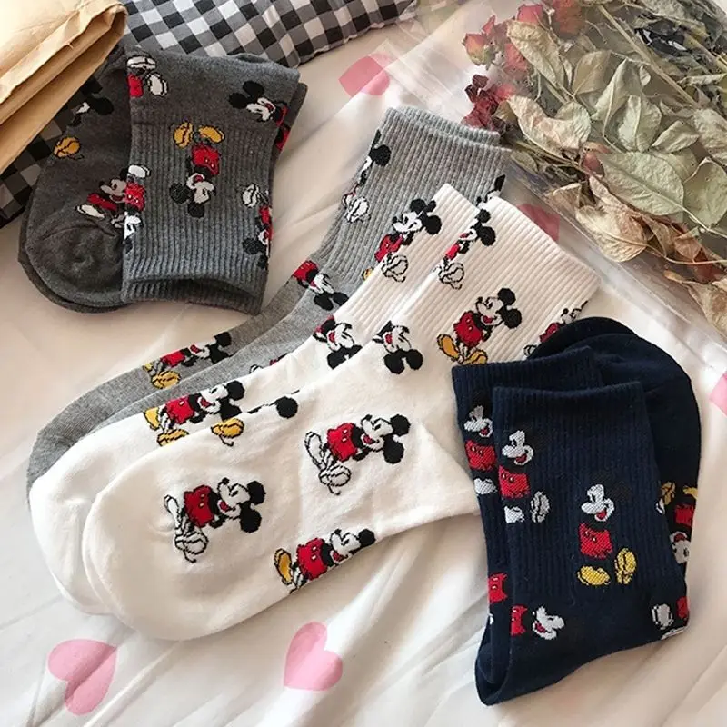 

New Disney Mickey Minnie Cartoon Cute Mid Socks Personality Kawaii Girl Heart Girls Autumn Winter Warm Cotton Socks Wholesale