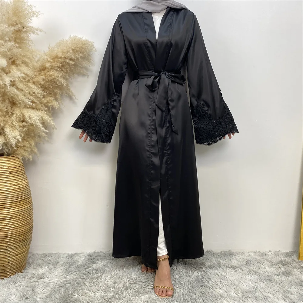 

Black Abayas for Women Muslim Belted Kimono Cardigan Ramadan Eid Islamic Jalabiya Turkey Robe Dubai Kaftan Embroidery Dress Gown