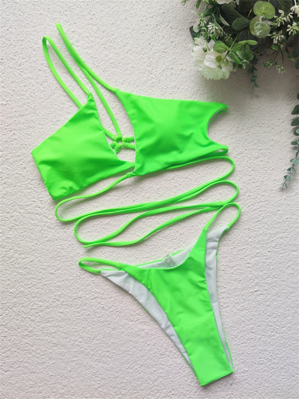 

Cross String Backless Bandage Bikini One Shoulder Hollow Out Extrem Swimsuit Swimwear Thong Women Beach Bathing Suit Bikinis Set