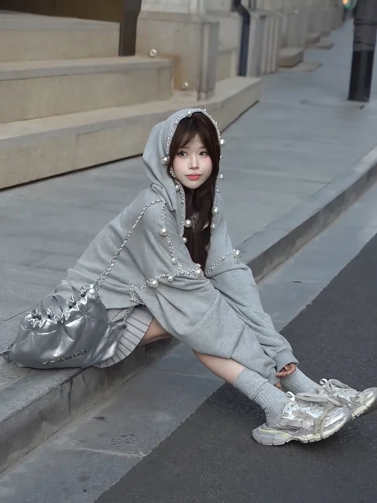 Grey Pearl Bead Sweatshirts Women's 2024 Early Autumn New Loose Casual Long Sleeve Hooded Trendy Tops Feminine Zipper Hoodies