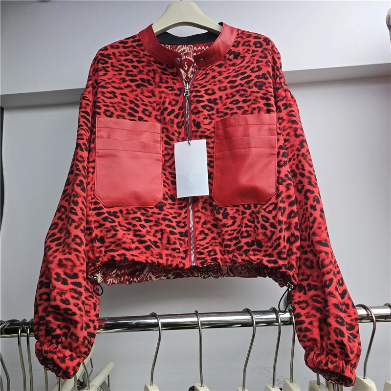 Red Apricot Short Coat Vintage Leopard Print Imitation Pu Leather Stand Collar Pocket Patchwork Long Sleeve Female Biker Jacket