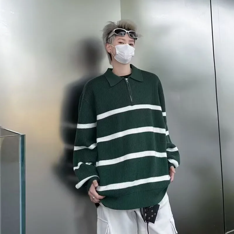 

Casual Knitted f Zipper Collar Sweater Men's Autumn Winter Stripe Base irt Hong Kong Sle Trendy Casual Faion Versatile