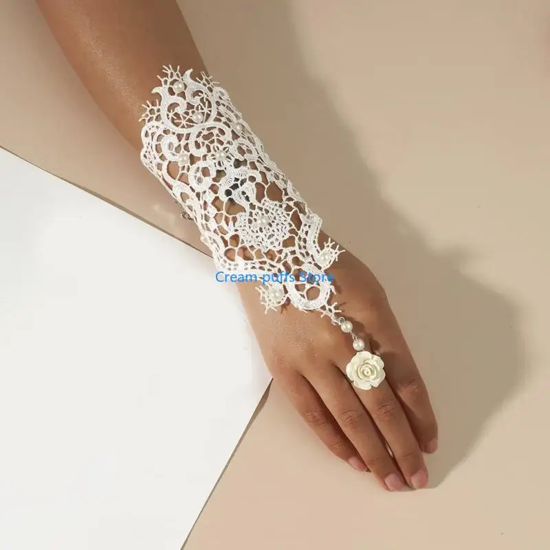 50LE Wedding Bridal Black White Gloves Lace Bracelet Flower Decor Adjustable Ring Set