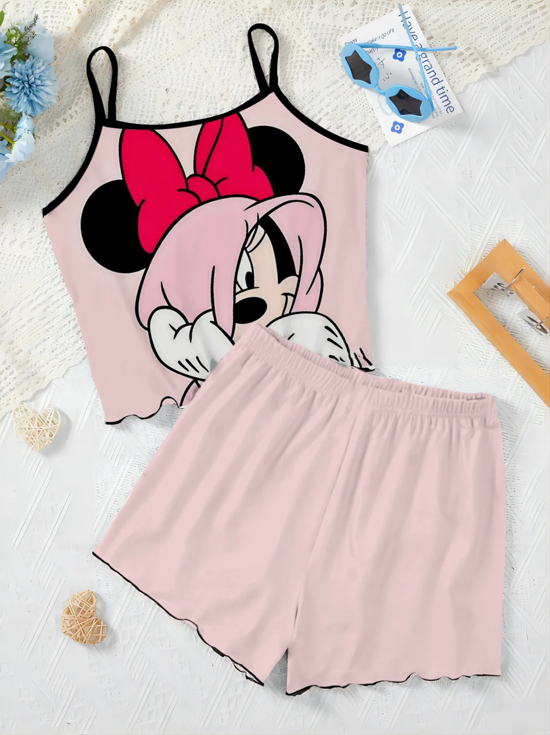 Pajama Skirt T-shirt Elegant Women's Sets Home Dress Minnie Mouse Mickey Lettuce Trim Disney Top Pieces Short Suit Disney Mickey