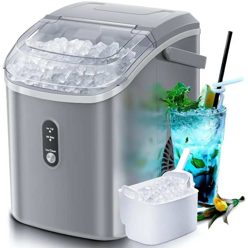 Countertop Ice Maker with Soft Chewable Ice Pebble Portable Machine Bucket Sonic Ice Making for Kitchen Office Bar Grey