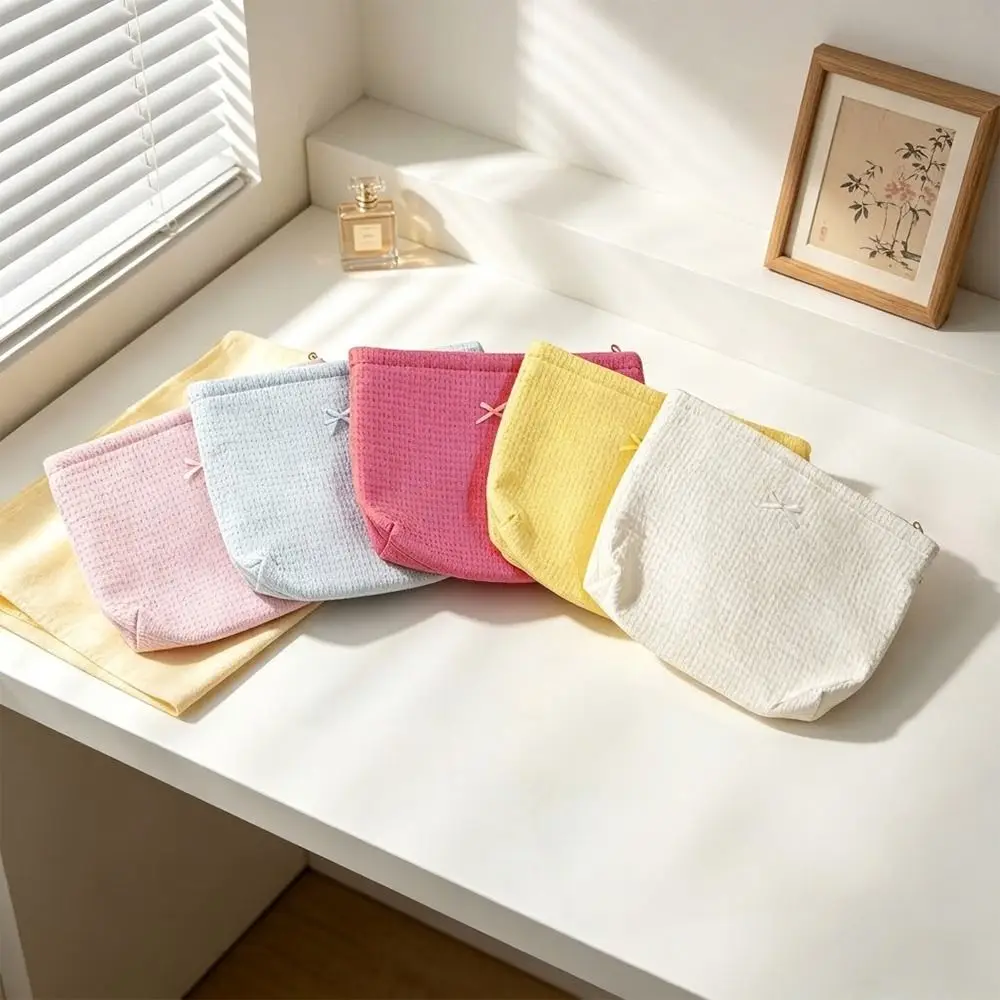 1pc Sweet Waffle Knit Makeup Bag Bow Large Capacity Cosmetic Bag Cosmetic Pouch Women Girls