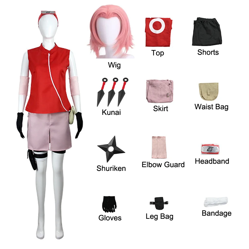 Anime Shippuden Sakura Haruno Cosplay-Kostüm für Halloween, Karneval, Comic-Con, Party, Ninja-Set, Top, Shorts, Rock, Zubehör, Geschenk