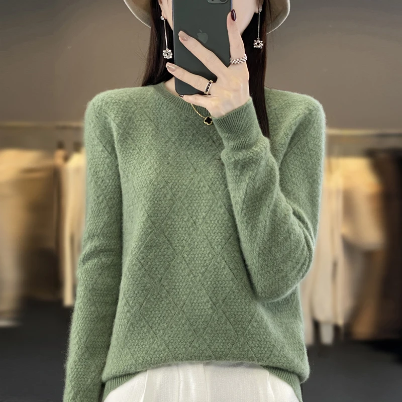 100% Merino Wool Autumn Winter Women\'s Jacquard Sweater Diamond Pattern Round Neck Pullover New Ladies Knitted All-Match Top