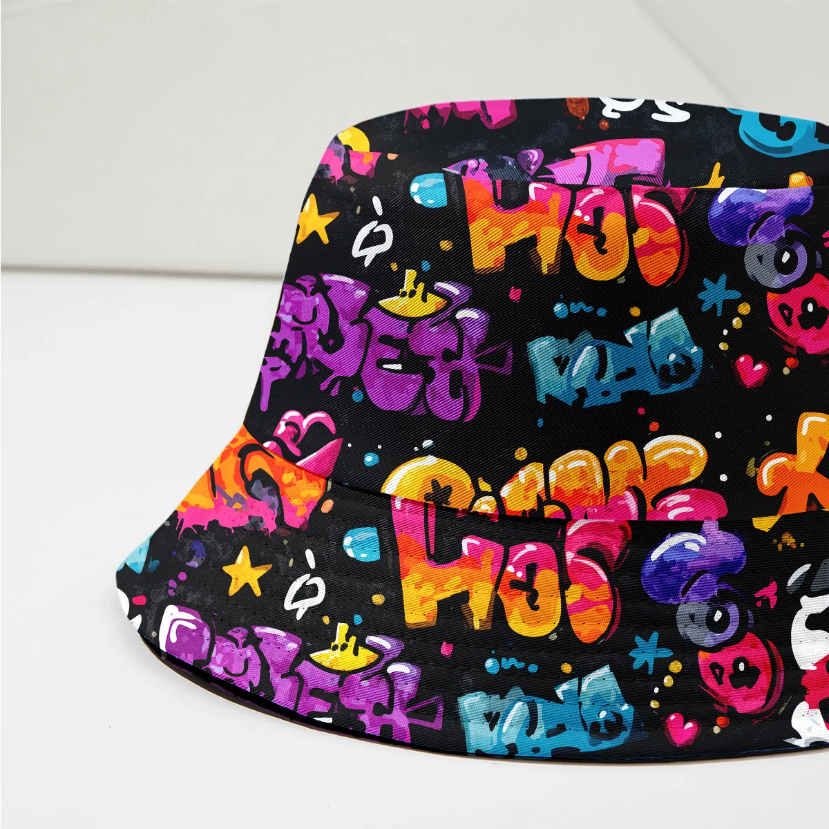 Graffiti Art Bucket Hat Colorful Abstract Letter Print Fisherman Cap Cool Streetwear Sun Hat for Men Women Adjustable