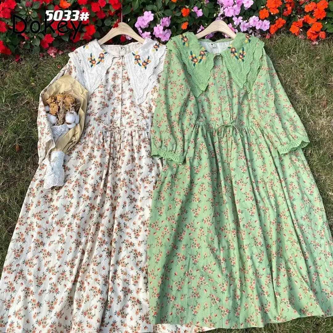 Vintage Embroidery Flower Midi Dress For Women Autumn Japanese Mori Girl Peter Pan Collar Long Sleeve Dress Loose Kawaii Vestido