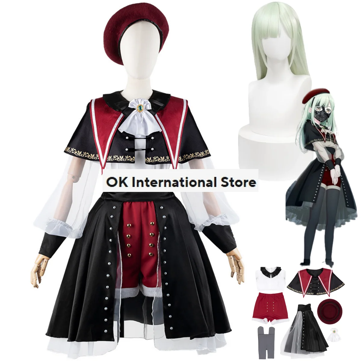 Réplique BanG Anime C'est MyGO!!!! Costume de Cosplay Mutsumi Wakaba pour Femme, Perruque Noire Rouge Everak Lolita, Belle ixTrempée