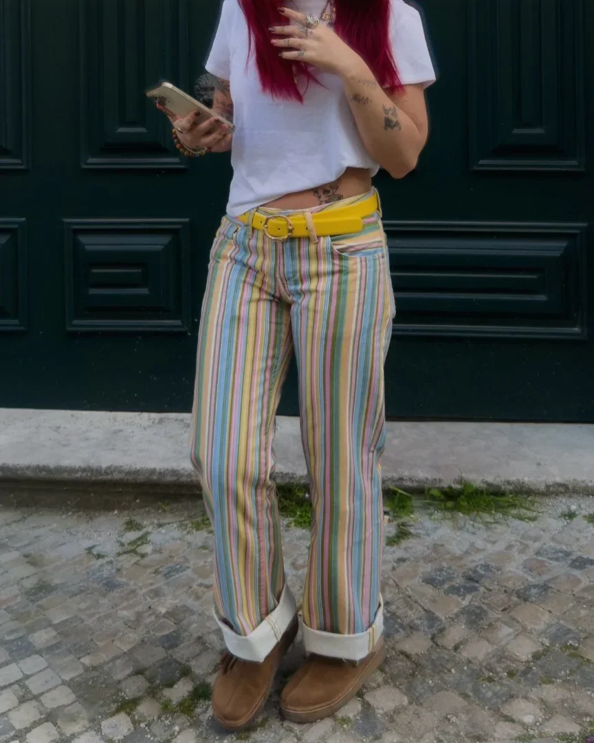 Colorful Stripe Women's Jeans Contrast Pockets Button Low Waist Wide Leg Female Denim Trouser Summer Streetwear Commute Pants