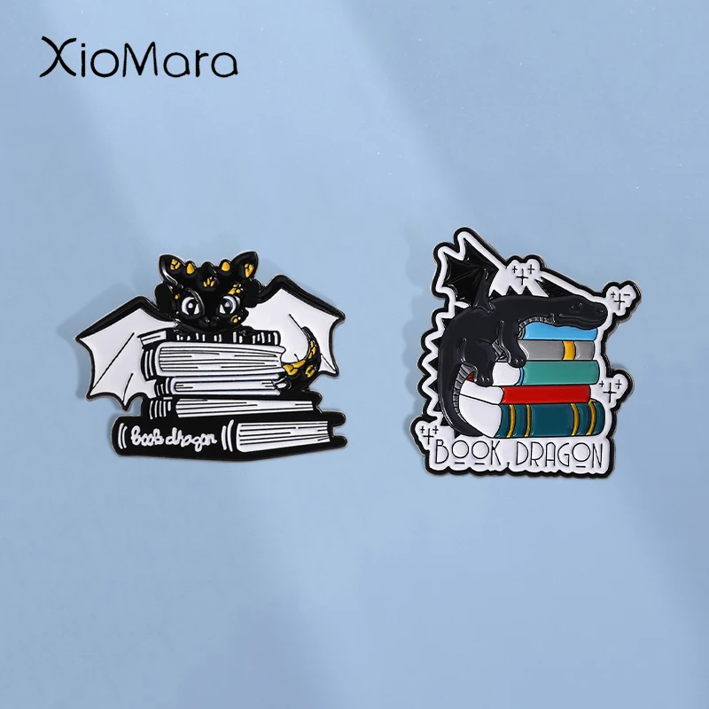 Animal Reading Book Enamel Pins Black Dragon Metal Brooches Fashion Lapel Badge Backpack Clothes Jewelry Gift for Friends