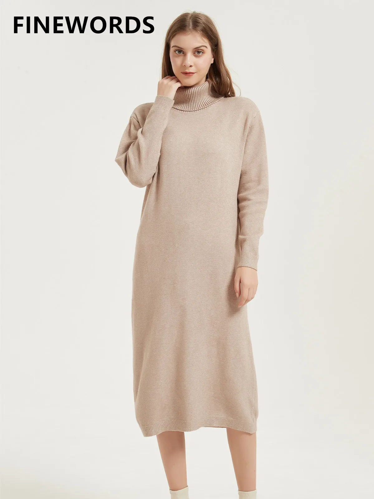 

FINEWORDS Vintage Winter Turtleneck Knitted Dress Women Korean Long Sweater Dress Elegant Solid Straight Casual Loose Dress