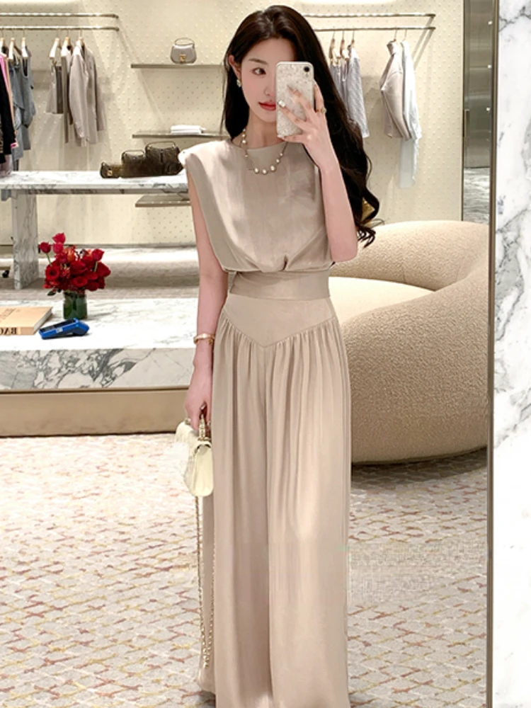 Office Lady Elegant Pants Set Woman Pure Color Sleeveless Blouse Loose Comfortable Fashion Pants Caual Party Clothing 2024 Chic