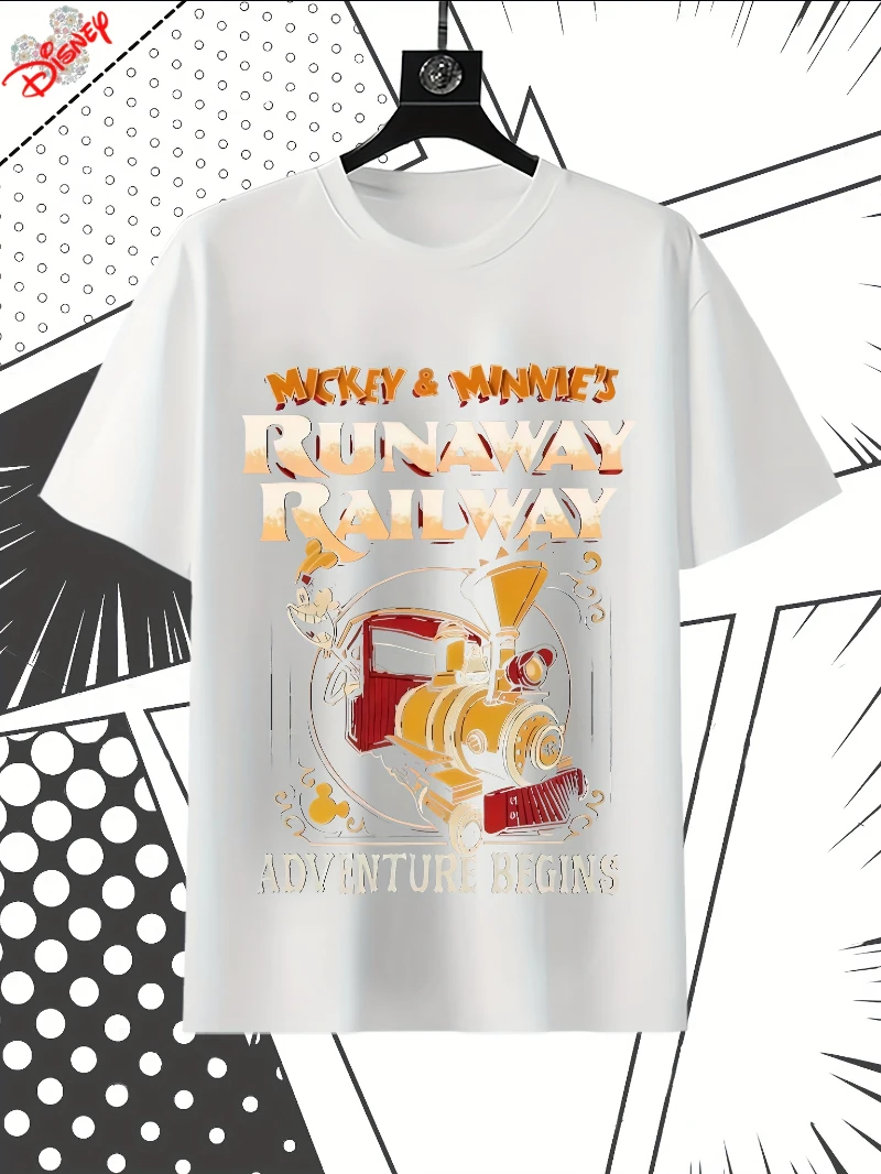 

Summer Disney Men's T-shirt, Mickey and Minnie's Escape Railway Adventure Pattern, Men's Round-neck Short-sleeved T-shirt