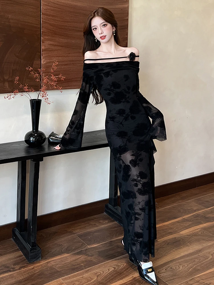 

Ele Pure Desire Сексуальная женская одно плечо Расклешенная све Long Dr Бархатная упаковка для тела с разрезом Dr Сетчатая ткань с поясом на талии