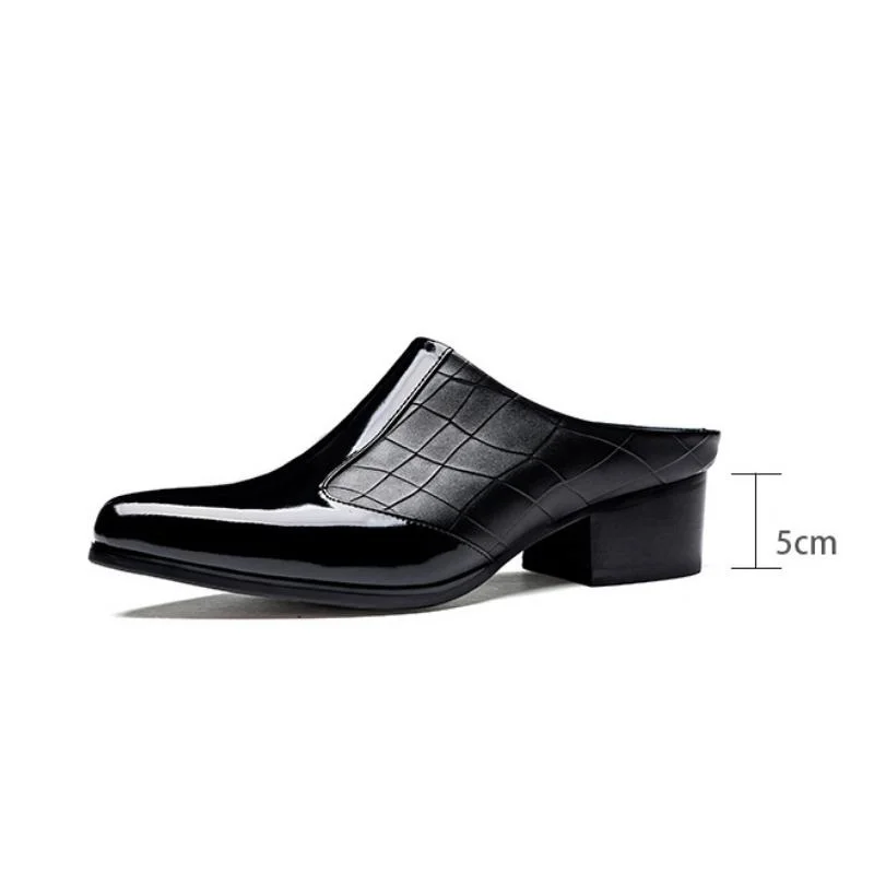 Bright Black Cow Leather Outdoor Slippers Height Increase 5cm Mules Shoes Men Dress Slippers Pointed Toe Slip On Sandal Slides